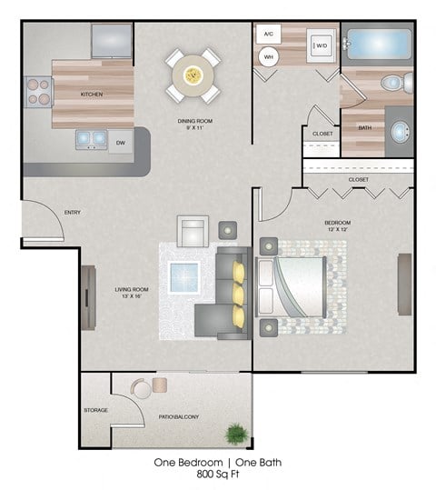 Floor plan for 1 bed, 1 bath, 800 sqft
